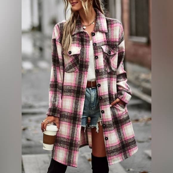 Pink Plaid Button-Up Longline Shacket Jacket with Pockets - Picture 4 of 4